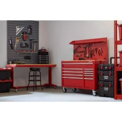 Husky Modular Tool Storage 52 In. W Standard Duty Red Mobile Workbench Cabinet With Pegboard -Husky Shop red husky mobile workbenches h52modsuite2red d4 1000