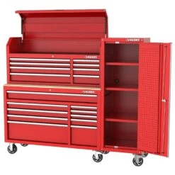 Husky Modular Tool Storage 72 In. W Standard Duty Red Mobile Workbench Cabinet With 8-Drawer Top Chest And 20 In. Side Locker -Husky Shop red husky mobile workbenches h52modsuite3red 66 1000