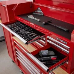 Husky Modular Tool Storage 72 In. W Standard Duty Red Mobile Workbench Cabinet With 8-Drawer Top Chest And 20 In. Side Locker -Husky Shop red husky mobile workbenches h52modsuite3red 77 1000