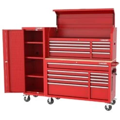Husky Modular Tool Storage 72 In. W Standard Duty Red Mobile Workbench Cabinet With 8-Drawer Top Chest And 20 In. Side Locker -Husky Shop red husky mobile workbenches h52modsuite3red a0 1000