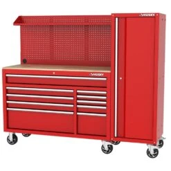 Husky Modular Tool Storage 72 In. W Standard Duty Red Mobile Workbench Cabinet With Pegboard And 20 In. Side Locker -Husky Shop red husky mobile workbenches h52modsuite5red 1d 1000