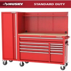 Husky Modular Tool Storage 72 In. W Standard Duty Red Mobile Workbench Cabinet With Pegboard And 20 In. Side Locker