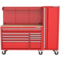 Husky Modular Tool Storage 72 In. W Standard Duty Red Mobile Workbench Cabinet With Pegboard And 20 In. Side Locker -Husky Shop red husky mobile workbenches h52modsuite5red 66 1000