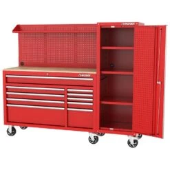 Husky Modular Tool Storage 72 In. W Standard Duty Red Mobile Workbench Cabinet With Pegboard And 20 In. Side Locker -Husky Shop red husky mobile workbenches h52modsuite5red 77 1000