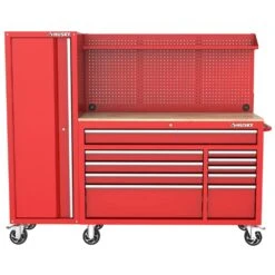 Husky Modular Tool Storage 72 In. W Standard Duty Red Mobile Workbench Cabinet With Pegboard And 20 In. Side Locker -Husky Shop red husky mobile workbenches h52modsuite5red c3 1000