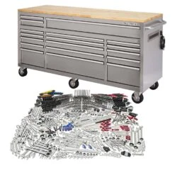 Husky 72 In. W X 24 In D Heavy Duty 18-Drawer Mobile Workbench With Mechanics Tool Set (1,025-Piece) In Stainless Steel