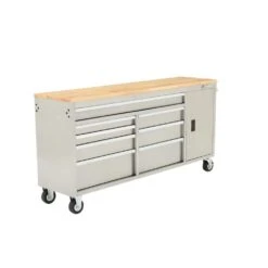 Husky 72 In. W X 18 In. D Heavy Duty 8-Drawer 1-Door Mobile Workbench Tool Chest With Solid Wood Top In Stainless Steel -Husky Shop stainless steel with silver trim husky mobile workbenches hyls 7208 44 1000