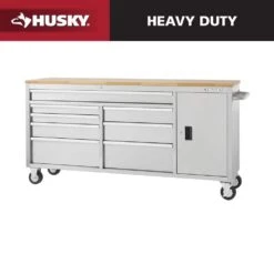 Husky 72 In. W X 18 In. D Heavy Duty 8-Drawer 1-Door Mobile Workbench Tool Chest With Solid Wood Top In Stainless Steel