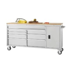 Husky 72 In. W X 18 In. D Heavy Duty 8-Drawer 1-Door Mobile Workbench Tool Chest With Solid Wood Top In Stainless Steel -Husky Shop stainless steel with silver trim husky mobile workbenches hyls 7208 76 1000