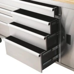 Husky 72 In. W X 18 In. D Heavy Duty 8-Drawer 1-Door Mobile Workbench Tool Chest With Solid Wood Top In Stainless Steel -Husky Shop stainless steel with silver trim husky mobile workbenches hyls 7208 77 1000