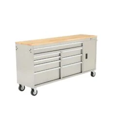 Husky 72 In. W X 18 In. D Heavy Duty 8-Drawer 1-Door Mobile Workbench Tool Chest With Solid Wood Top In Stainless Steel -Husky Shop stainless steel with silver trim husky mobile workbenches hyls 7208 a0 1000