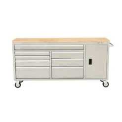 Husky 72 In. W X 18 In. D Heavy Duty 8-Drawer 1-Door Mobile Workbench Tool Chest With Solid Wood Top In Stainless Steel -Husky Shop stainless steel with silver trim husky mobile workbenches hyls 7208 fa 1000