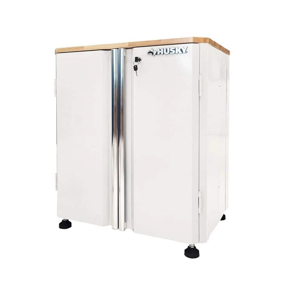 HUSKY 28 In. W X 33 In. H X 19 In.D Folding 22-Gauge Steel 1-Piece Garage Storage System In White W/ Wooden Worktop 1 HUSKY 28 In. W X 33 In. H X 19 In.D Folding 22-Gauge Steel 1-Piece Garage Storage System In White W/ Wooden Worktop